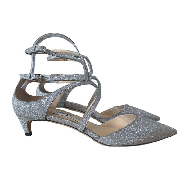 Jimmy Choo Lancer 35 Silver Glitter Pointed Toe Kitten Heel 39 - Picture 10 of 10